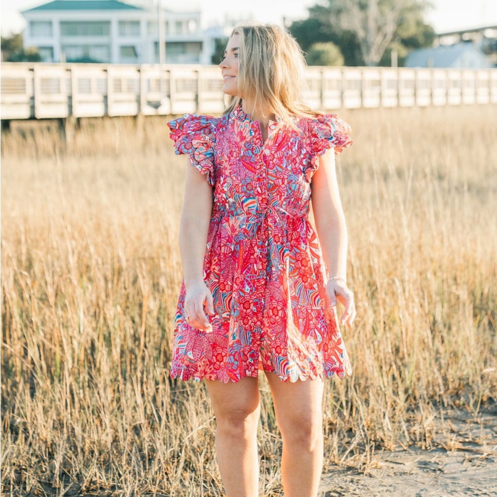 Marie by Victoria Dunn Beau Floral Scallop Mini Dress Tropical Trapeze Small